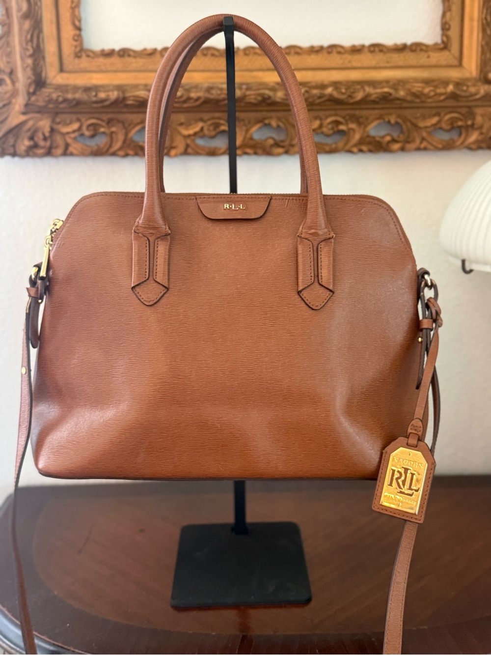Ralph Lauren Brown Cognac Leather Satchel Crossbody Bag w/ Gold Hardware